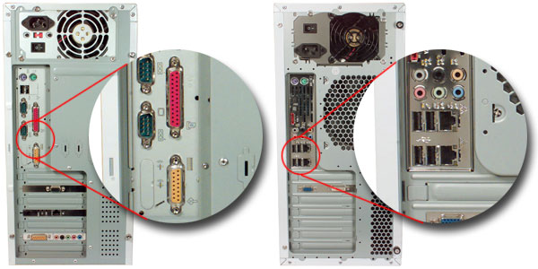 Rear view of computer 

showing D-Sub and USB connectors