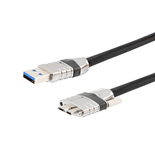 Picture of Ruggedized USB 3.0 Cable Assembly, A Male to Micro B Male with Die Cast Shells and Optional Vision Thumbscrews, 28/26/22AWG, PVC, BLK, 3.0M