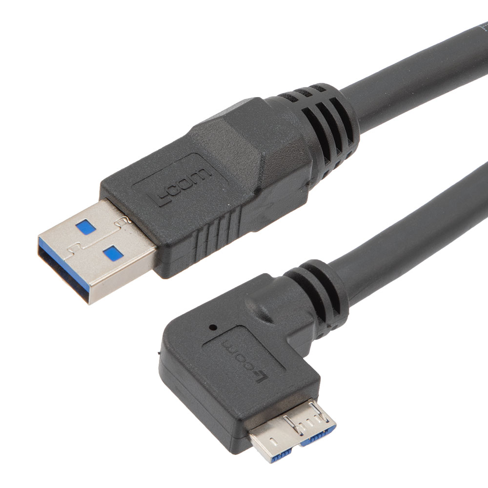 Picture of USB High Flex Drag Chain Cable, Type A Male Plug to Right Angle Left Micro Type B Male Plug, VW-1 PVC, Black, 1.5m