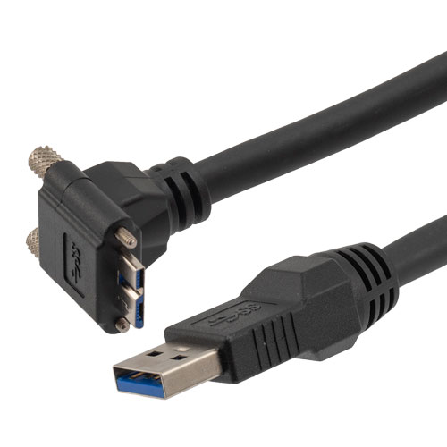 Picture of USB High Flex Drag Chain Cable, Type A Male Plug to Right Angle Up Micro Type B Male Plug, Vision Thumbscrews, VW-1 PVC, Black, 0.5m