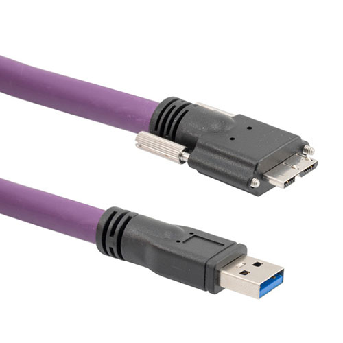 Picture of High Flex USB 3.0 Cable Assembly, A Male to Micro B Male w/ Machine Vision Thumbscrews, 28/26/22AWG, High Flex Rated TPE, Violet, 3.0M