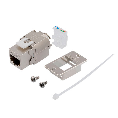 Picture of Flange Mount Kit, Category 6a 10gig Shielded Ethernet Tool-less Keystone RJ45 Jack Female, TIA568A/B, for Slim 28AWG, Silver
