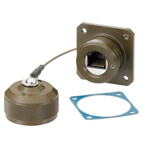 Picture of Cat5e, Ruggedized Flange Mount, Zinc-Nickel with Grounding Shield and Dust Cap
