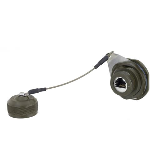 Cat6, Ruggedized D38999 Jamnut, ZincNickel finish with Grounding Shield and Dust Cap ECSJ1103U00