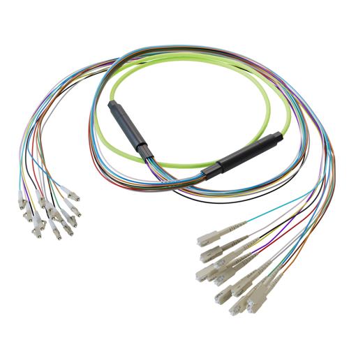 Picture of 12-Fiber LC UPC to SC UPC, OM5 Multimode Distribution Cable, 6.2mm LSZH, 2.0mm breakout, Lime Green-10M