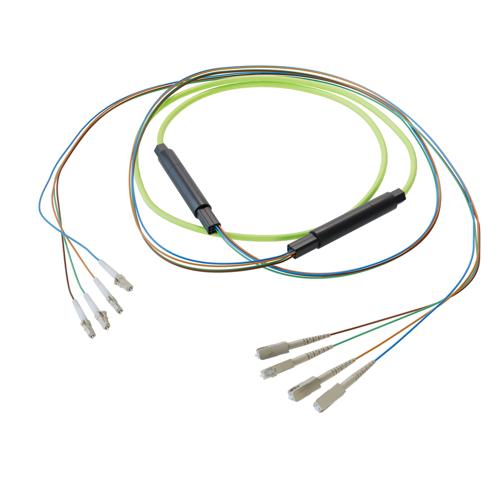Picture of 4-Fiber LC UPC to SC UPC, OM5 Multimode Indoor Distribution Cable, 4.5mm Plenum, 2.0mm breakout, Lime Green-10M