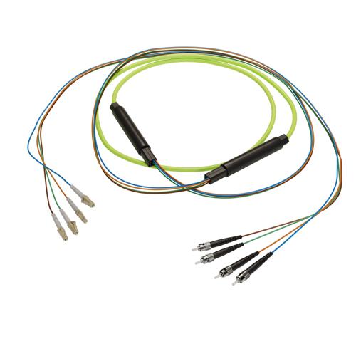 Picture of 4-Fiber LC UPC to ST UPC, OM5 Multimode Indoor Distribution Cable, 4.5mm Riser, 2.0mm breakout, Lime Green-10M