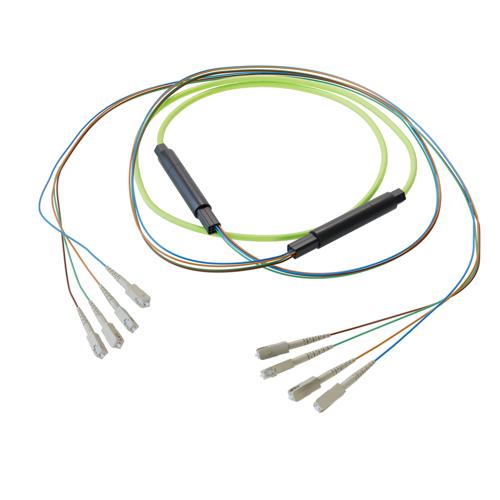 Picture of 4-Fiber SC UPC to SC UPC, OM5 Multimode Indoor Distribution Cable, 4.5mm Riser, 2.0mm breakout, Lime Green-10M