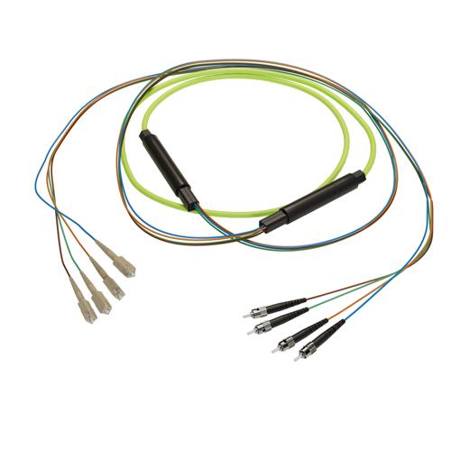 Picture of 4-Fiber SC UPC to ST UPC, OM5 Multimode Indoor Distribution Cable, 4.5mm Plenum, 2.0mm breakout, Lime Green-10M