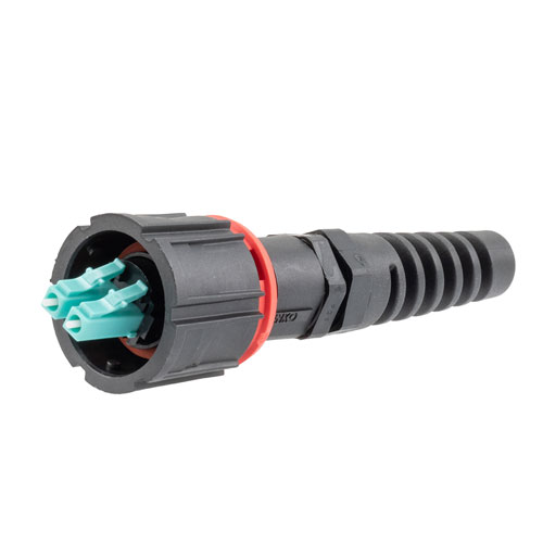 Picture of IP68 ODVA Compatible LC Duplex Connector, MM 10G Duplex Aqua, 4.8mm crimp sleeve, with Dust Cap