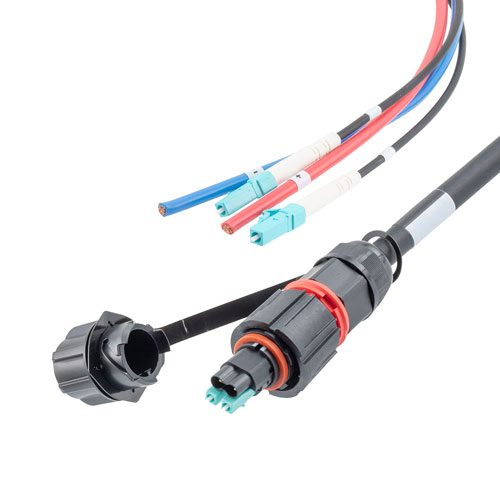 Picture of Fiber optic, IP68 Hybrid LC/UPC (2x 12AWG pin contacts) to 2x LC/UPC, OM3, 10.5mm LSZH, 5 meter breakout cable assembly