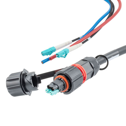 Picture of Fiber optic, IP68 Hybrid LC/UPC (2x 12AWG pin contacts) to 2x LC/UPC, OM4, 10.5mm LSZH, 1 meter breakout cable assembly