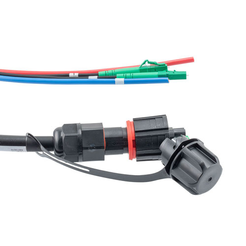 Fiber optic, IP68 Hybrid LC/APC (2x 12AWG pin contacts) to 2x LC/APC ...