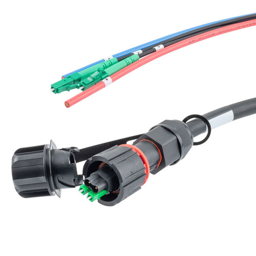 Picture of Fiber optic, IP68 Hybrid LC/APC (2x 12AWG pin contacts) to 2x LC/APC, single mode, 10.5mm LSZH, 5 meter breakout cable assembly