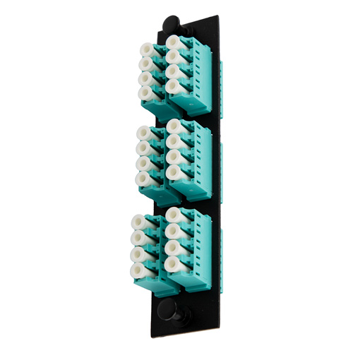 Picture of Fiber Sub Panel LC Quad OM3 Couplers, 6 count, Bronze Sleeve, Aqua Connector, Black
