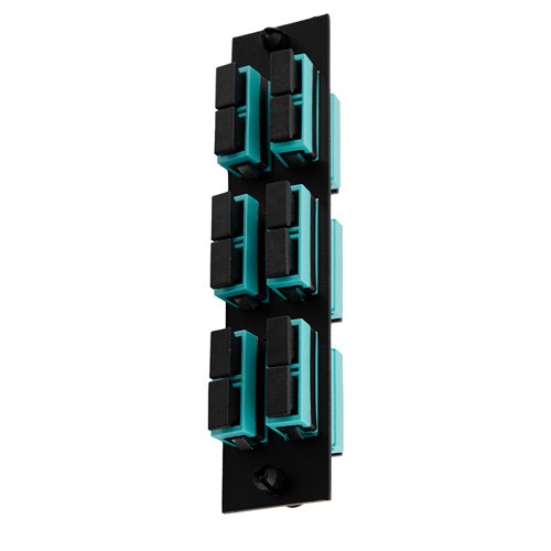Picture of Fiber Sub Panel SC Duplex OM3 Couplers, 6 count, Bronze Sleeve, Aqua Connector, Black