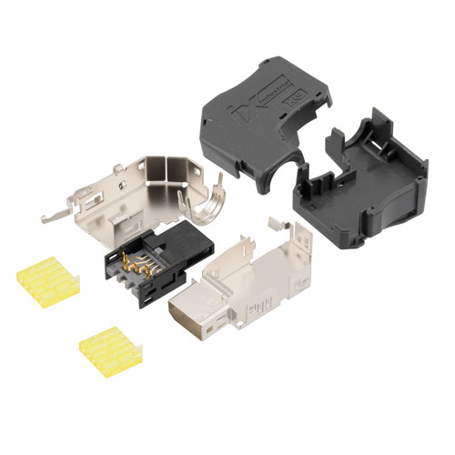 Picture of IX Industrial Right Angle Plug, 10gig, A Key for Ethernet Communications, 90 Degree Down Design, IDC Crimp Type, 24-26AWG Range