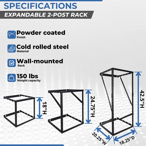 8U/12U/22U Wall Mount Expandable Open Frame 2 Post Rack Adj. Height