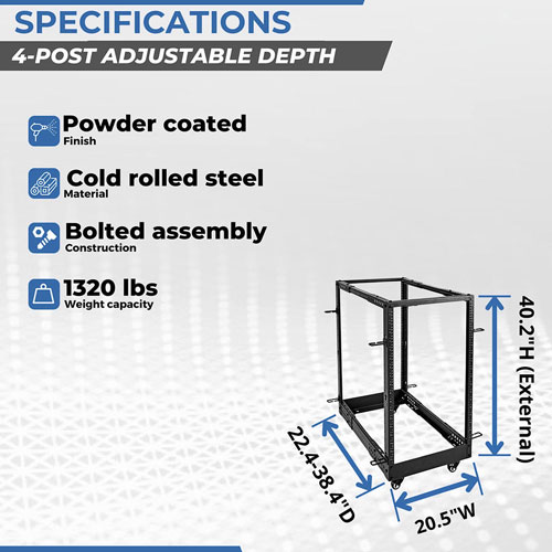 18U 4-Post Open Frame Server Rack, Adjustable Depth with Casters (12-24 ...