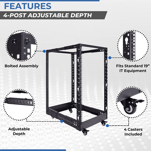 Meta Open Rack Depth 18U Adjustable Depth 4-Post Open Frame Rack with Casters