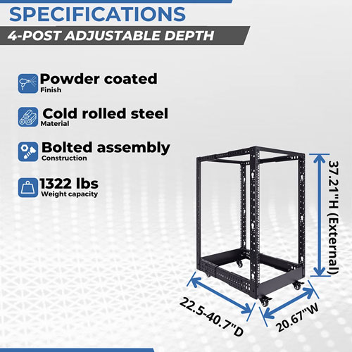 Meta Open Rack Depth 18U Adjustable Depth 4-Post Open Frame Rack with Casters