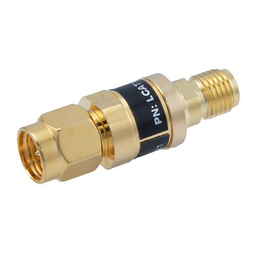 2W/10 dB RF Fixed Attenuator, SMA Male to SMA Female Brass Gold Body Up