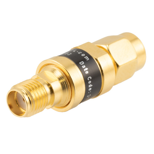 Picture of 2W/3 dB Fixed Attenuator, SMA Male to SMA Female Brass Gold Body Up to 18 GHz