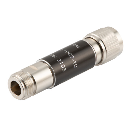 Picture of 2W/10 dB Fixed Attenuator, N Male to N Female Brass Nickel Body Up to 18 GHz