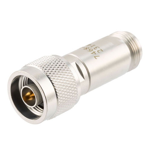 Picture of 20 dB Fixed Attenuator N Male (Plug) to N Female (Jack) DC to 12 GHz Rated to 2 Watts, Brass Body, 1.35:1 VSWR