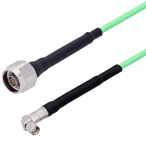 Picture of Low Loss N Male to SMA Male Right Angle Cable Assembly with Heavy Duty Heat Shrink Boot using LL142 Coax, 3 FT