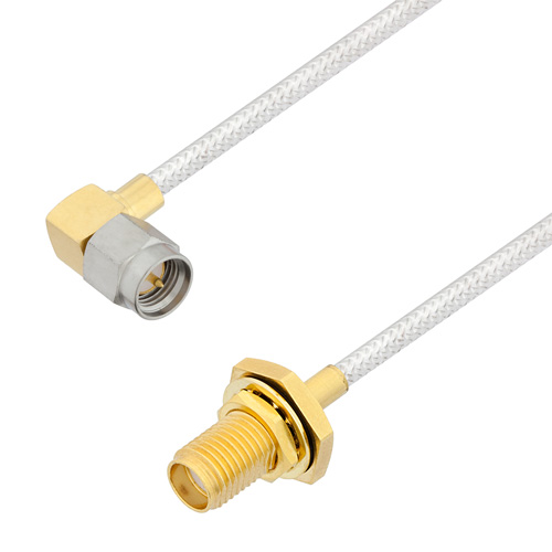 Picture of SMA Male Right Angle to SMA Female Bulkhead Cable Assembly using LC085TB Coax, 3 FT