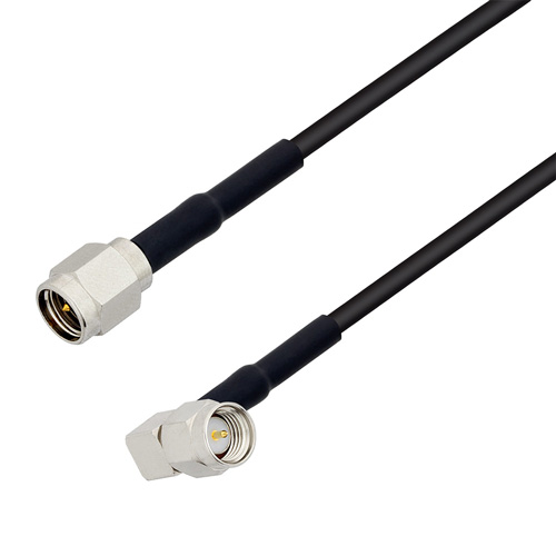 Picture of Low Loss SMA Male to SMA Male Right Angle Cable Assembly using 100 Series Coax, 1 FT