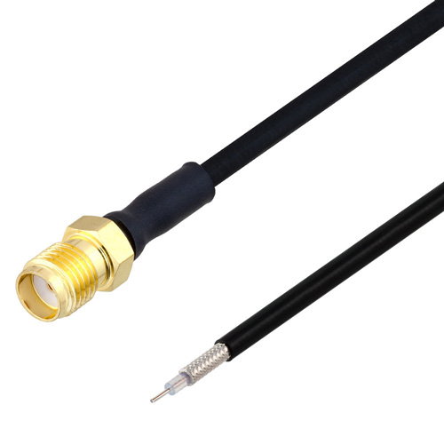Picture of Hand Formable Test Probe SMA Female to Trimmed Lead Cable Assembly using LC085TBJ Coax, Gold over Nickel Plated Brass Body, 1 FT