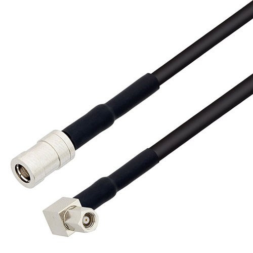 Picture of SMC Plug Right Angle to SMB Plug Cable Assembly using RG174 Coax, 4 FT with HeatShrink, LF Solder