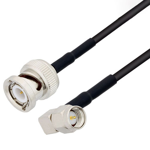 Picture of BNC Male to SMA Male Right Angle Cable Assembly using RG174 Coax, 3 FT with HeatShrink, LF Solder