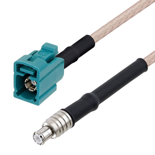 Picture of Water Blue FAKRA Jack to MCX Plug Cable Assembly using RG-316 Coax, 3 FT with HeatShrink