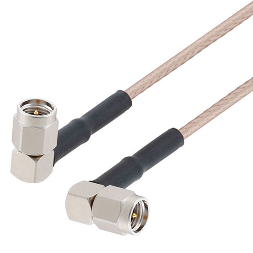 Picture of SMA Male Right Angle to SMA Male Right Angle Cable Assembly using RG316-DS Coax, 2 FT with HeatShrink and 180 Deg. Clock