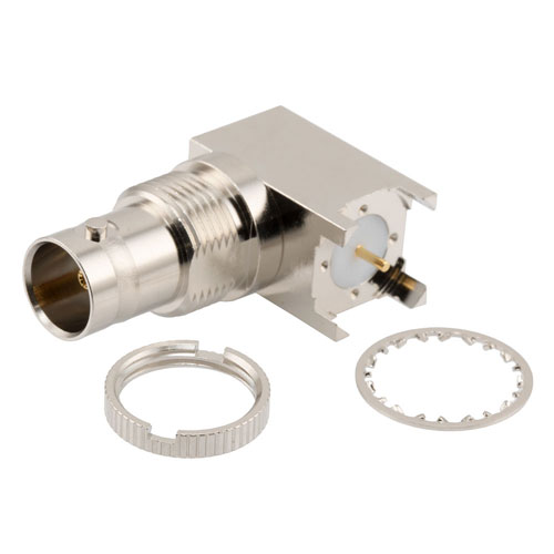 Picture of 12G SDI BNC Female Right Angle Bulkhead Mount 75 Ohm Connector Solder Attachment Thru Hole PCB