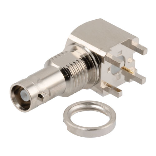 Picture of 12G SDI HD-BNC Female Right Angle Bulkhead Mount 75 Ohm Connector Solder Attachment Thru Hole PCB