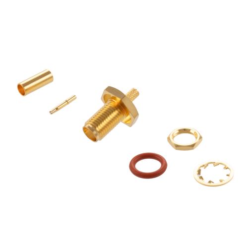 Picture of SMA Female Bulkhead Mount Connector Crimp/Solder Attachment for RG174, RG316, RG188, 0.100 inch,  LMR-100, .235 inch D Hole