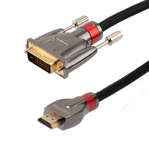 Picture of HDMI 2.0 to DVI, M/M, Silver Zinc Alloy Shell with Gold Plated Connector, black nylon braid cable, 1080P @ 60 Hz, 3FT