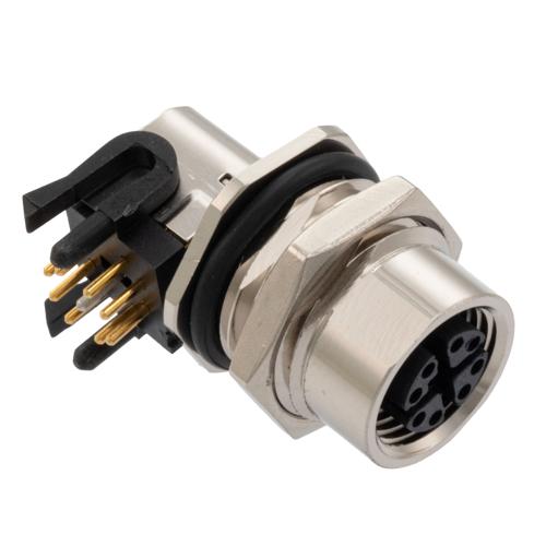 Picture of M12 Shielded Panel Mount Connector, IP67 8 Position X-code Female Receptacle, Right Angle PCB Solder, M16 Front Mounting Style