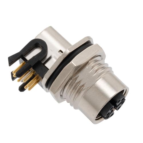 Picture of M12 Shielded Panel Mount Connector, IP67 8 Position X-code Female Receptacle, Right Angle PCB Solder, PG9 Front Mounting Style