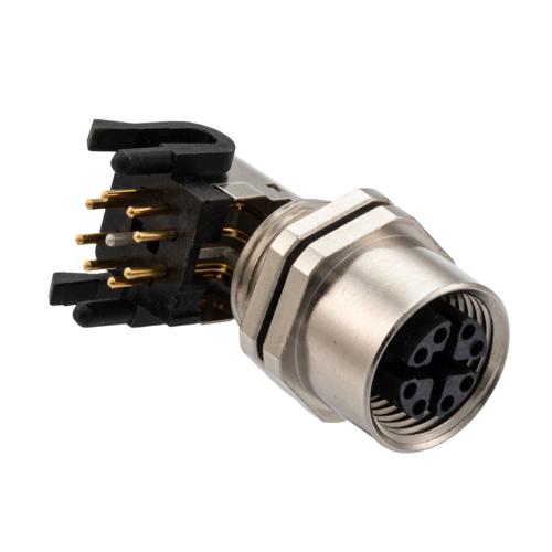 Picture of M12 Shielded Panel Mount Connector, IP67 8 Position X-code Female Receptacle, Right Angle PCB Solder, M12 Rear Mounting Style