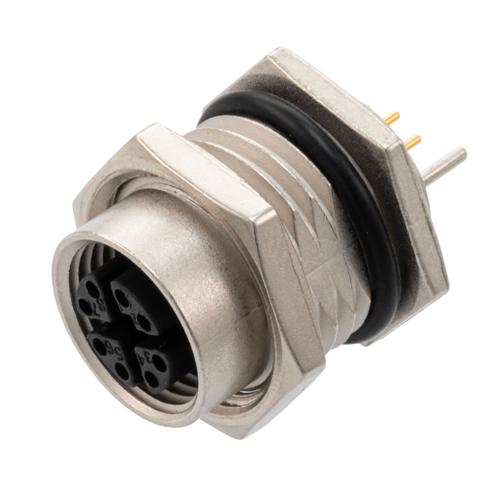 Picture of M12 Shielded Panel Mount Connector, IP67 8 Position X-code Female Receptacle, PCB Solder, M16 Front Mounting Style