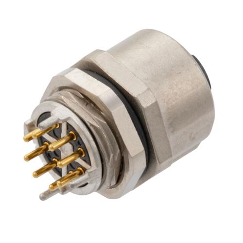 Picture of M12 Shielded Panel Mount Connector, IP67 8 Position X-code Female Receptacle, PCB Solder, M12 Rear Mounting Style