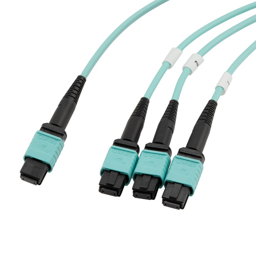Picture of Fiber Aggregation Conversion Harness, MPO24 no pins to 3xMPO8 no pins, OM3 50/125µm Multimode, OFNR Jacket, Aqua, 10 meter