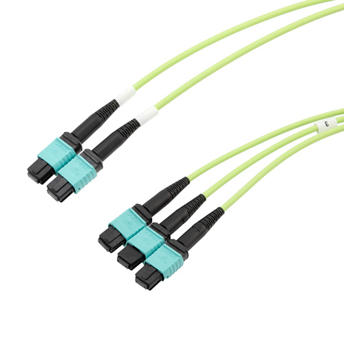 Picture of Fiber Aggregation Conversion Harness, 3xMPO8 no pins to 2xMPO12 no pins, OM5 50/125µm Multimode, OFNR Jacket, Lime Green, 10 meter