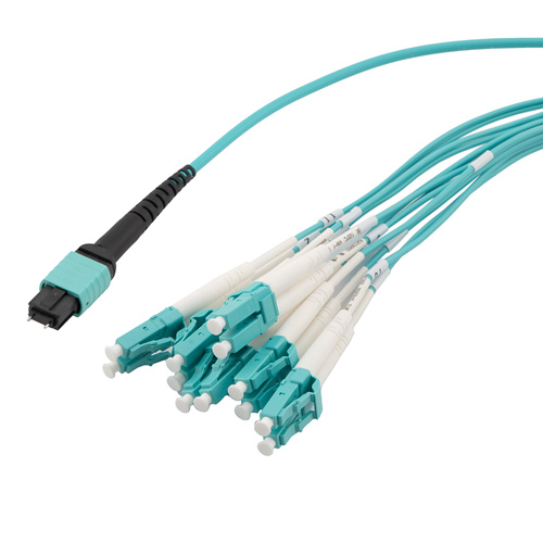 Picture of MPO w/ pins to LC fanout fiber optic cable assembly, 2.0mm diameter, 12 fiber, OM4 50/125µm Multimode, 3 meter