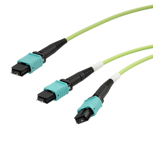 Picture of MPO24 w/ pins to 2xMPO12 w/ pins, OM5 50/125um Multimode, ONFR Jacket, Lime Green, 3 meter